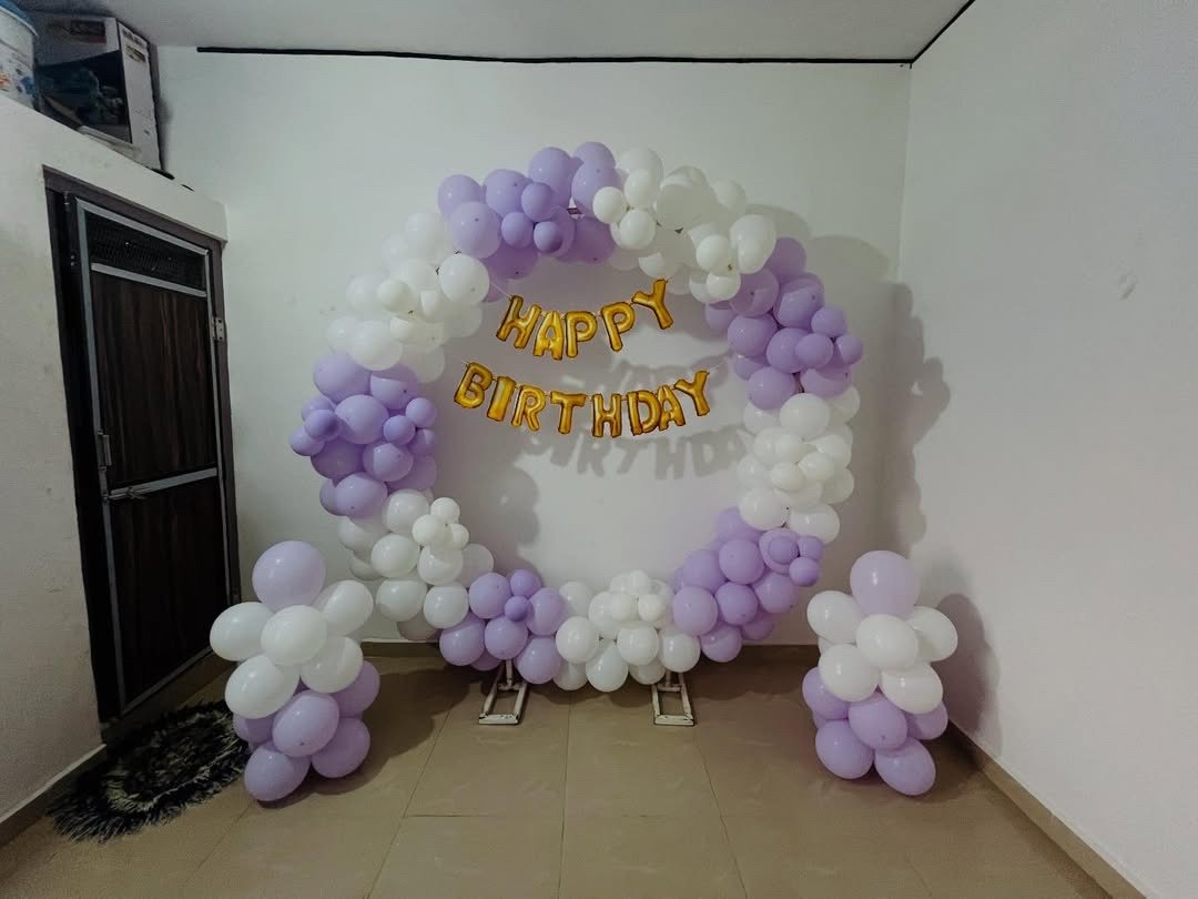 Pastel Purple and White Balloon Ring Setup with Happy Birthday Banner