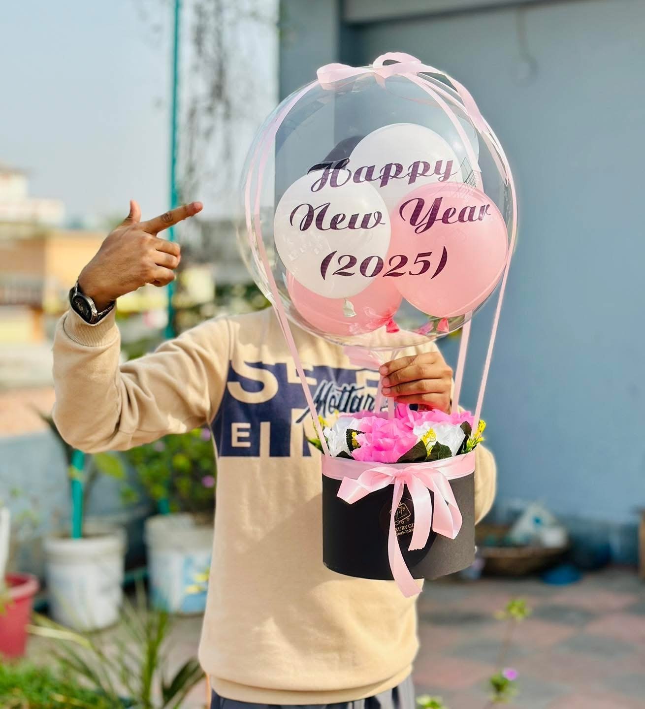Happy New Year 2026 Balloon with Artificial Flowers