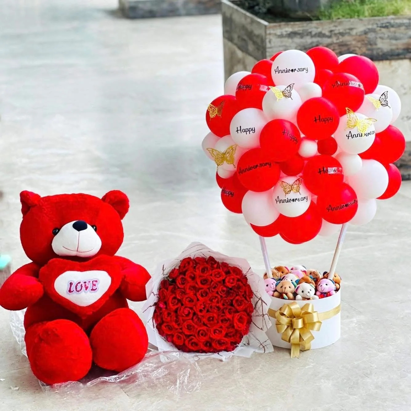 Red Rose Bouquet with Anniversary Balloon & Teddy