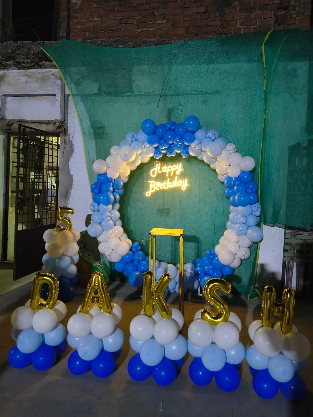 Blue White Balloon Ring Setup with LED Happy Birthday Sign and Name Letter Balloons