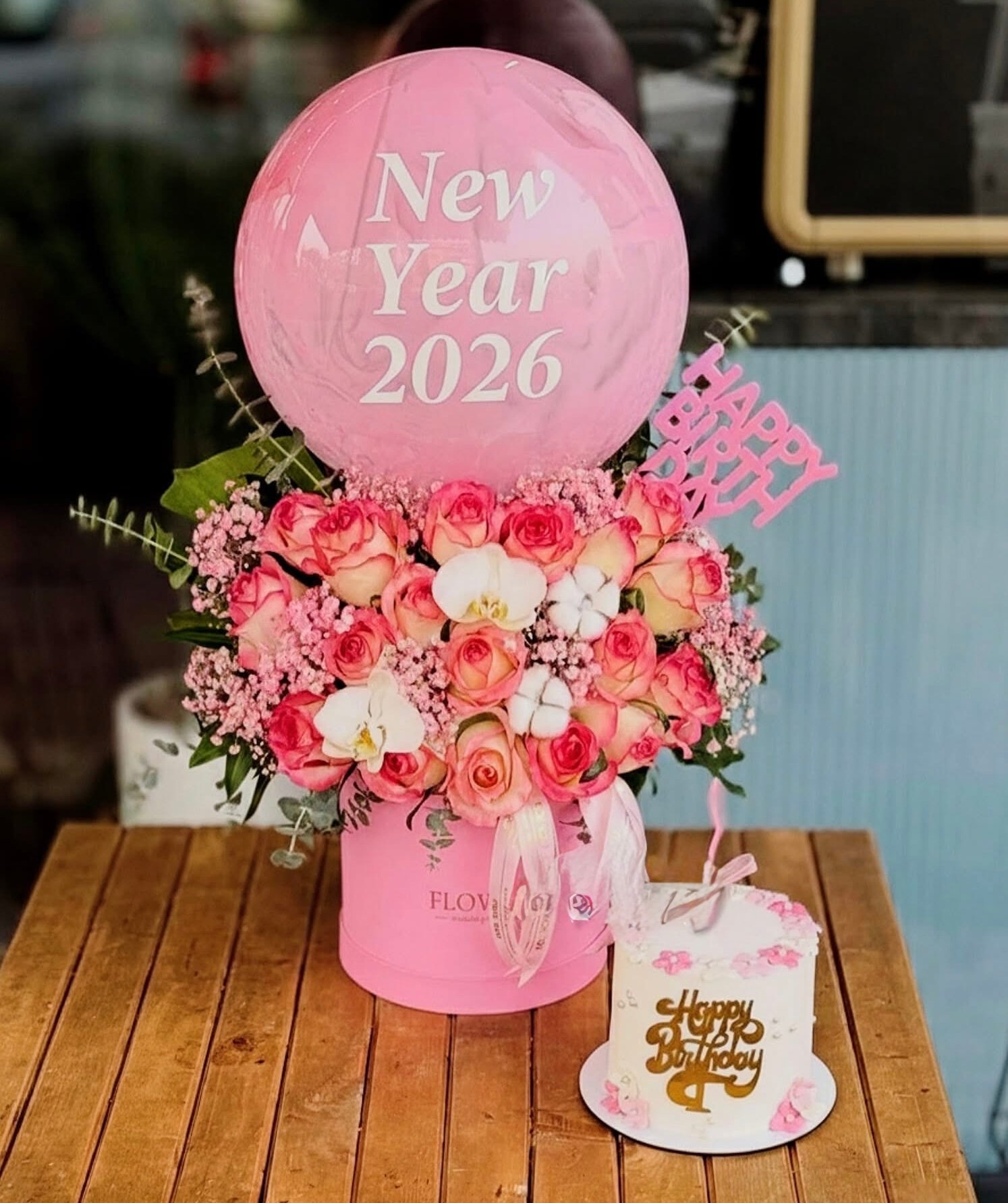 New Year 2026 Pink Rose Flower Box with Cake – 500gm